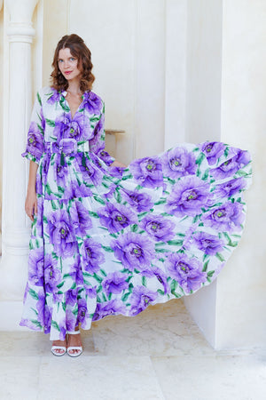 Eva Dress Crew Neck 3/4 Sleeve Maxi Length Cotton Musola (Pastel Magnolia White)