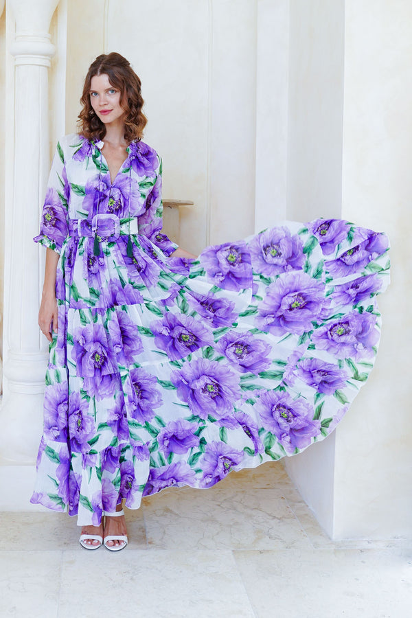 Eva Dress Crew Neck 3/4 Sleeve Maxi Length Cotton Musola (Pastel Magnolia White)