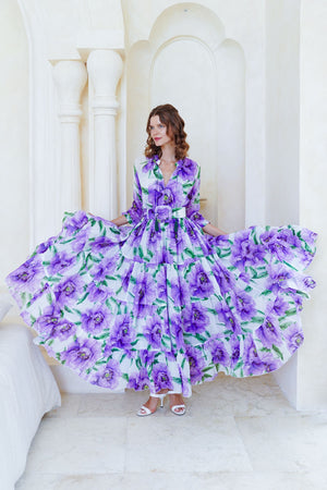 Eva Dress Crew Neck 3/4 Sleeve Maxi Length Cotton Musola (Pastel Magnolia White)