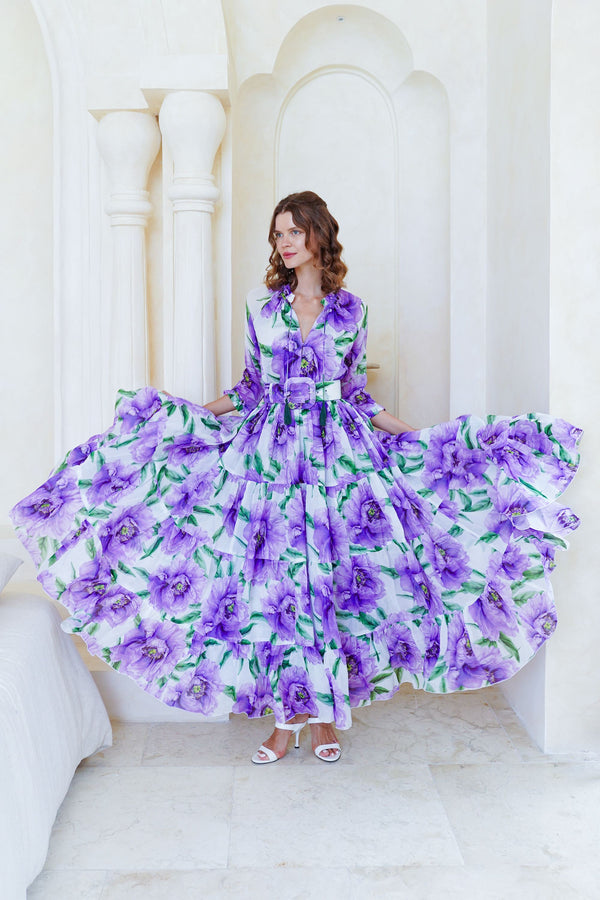 Eva Dress Crew Neck 3/4 Sleeve Maxi Length Cotton Musola (Pastel Magnolia White)