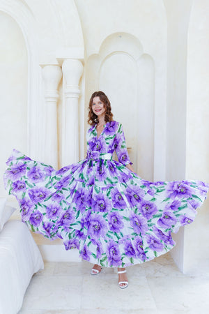 Eva Dress Crew Neck 3/4 Sleeve Maxi Length Cotton Musola (Pastel Magnolia White)