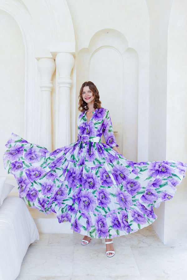 Eva Dress Crew Neck 3/4 Sleeve Maxi Length Cotton Musola (Pastel Magnolia White)