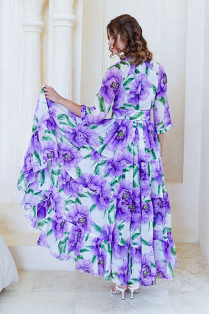 Eva Dress Crew Neck 3/4 Sleeve Maxi Length Cotton Musola (Pastel Magnolia White)