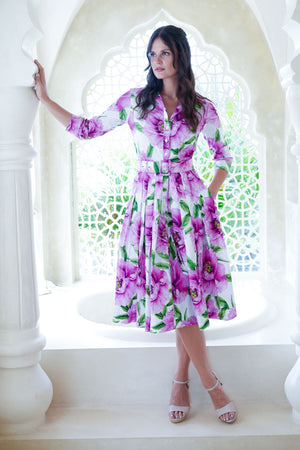 Audrey Dress #2 Shirt Collar 3/4 Sleeve Long Length Cotton Stretch (Pastel Magnolia White)