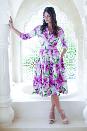 Audrey Dress #2 Shirt Collar 3/4 Sleeve Long Length Cotton Stretch (Pastel Magnolia White)