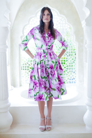 Audrey Dress #2 Shirt Collar 3/4 Sleeve Long Length Cotton Stretch (Pastel Magnolia White)