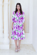 Audrey Dress #2 Shirt Collar 3/4 Sleeve Long Length Cotton Stretch (Pastel Magnolia White)