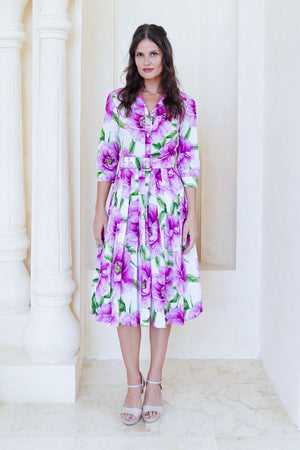 Audrey Dress #2 Shirt Collar 3/4 Sleeve Long Length Cotton Stretch (Pastel Magnolia White)