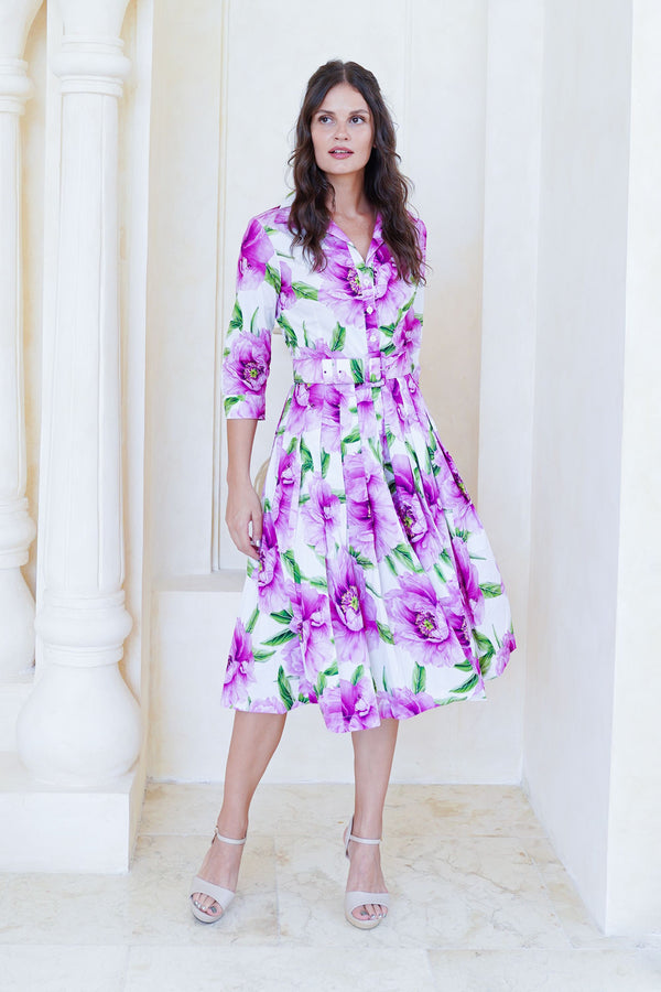 Audrey Dress #2 Shirt Collar 3/4 Sleeve Long Length Cotton Stretch (Pastel Magnolia White)