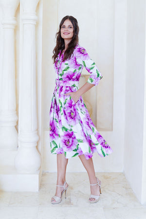 Audrey Dress #2 Shirt Collar 3/4 Sleeve Long Length Cotton Stretch (Pastel Magnolia White)