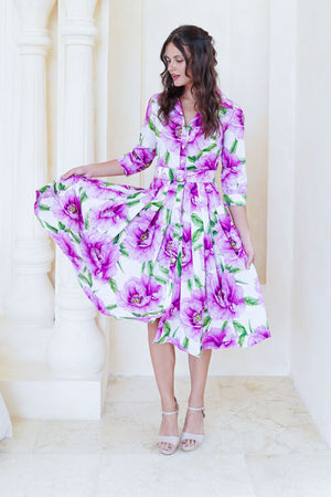 Audrey Dress #2 Shirt Collar 3/4 Sleeve Long Length Cotton Stretch (Pastel Magnolia White)