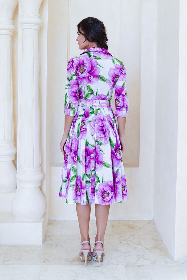 Audrey Dress #2 Shirt Collar 3/4 Sleeve Long Length Cotton Stretch (Pastel Magnolia White)