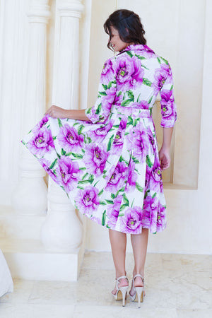 Audrey Dress #2 Shirt Collar 3/4 Sleeve Long Length Cotton Stretch (Pastel Magnolia White)