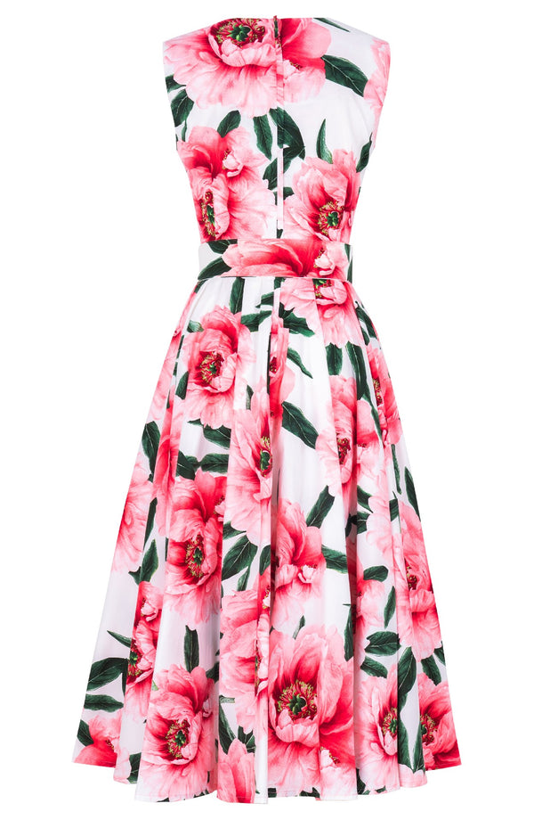Abelia Dress V Neck Sleeveless Midi Length Cotton Stretch (Pastel Magnolia White)