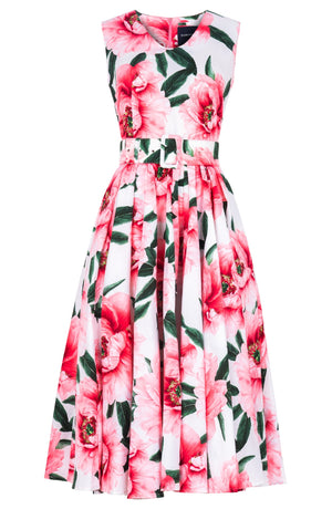Abelia Dress V Neck Sleeveless Midi Length Cotton Stretch (Pastel Magnolia White)