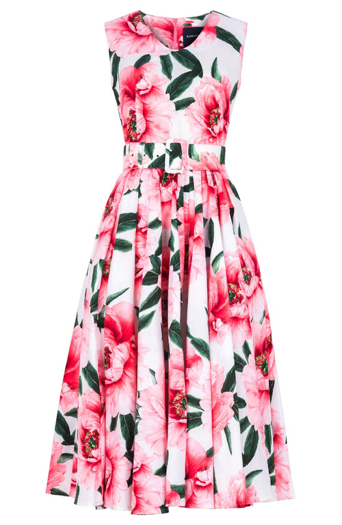 Abelia Dress V Neck Sleeveless Midi Length Cotton Stretch (Pastel Magnolia White)