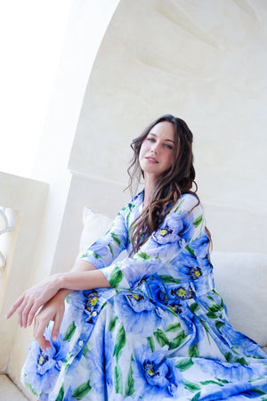 Aster Dress Shirt Collar 3/4 Sleeve Midi Length Cotton Musola (Pastel Magnolia White)