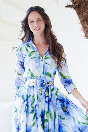 Aster Dress Shirt Collar 3/4 Sleeve Midi Length Cotton Musola (Pastel Magnolia White)