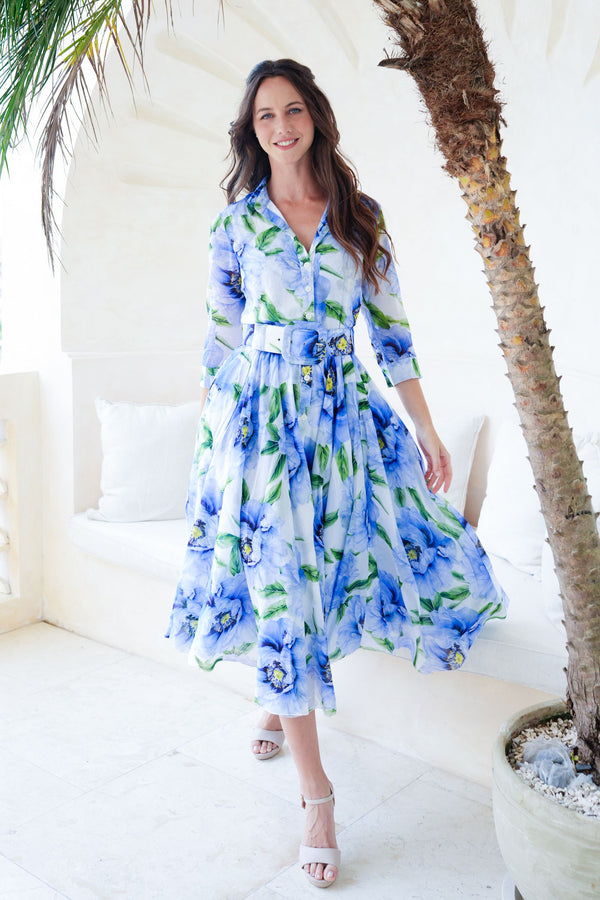 Aster Dress Shirt Collar 3/4 Sleeve Midi Length Cotton Musola (Pastel Magnolia White)