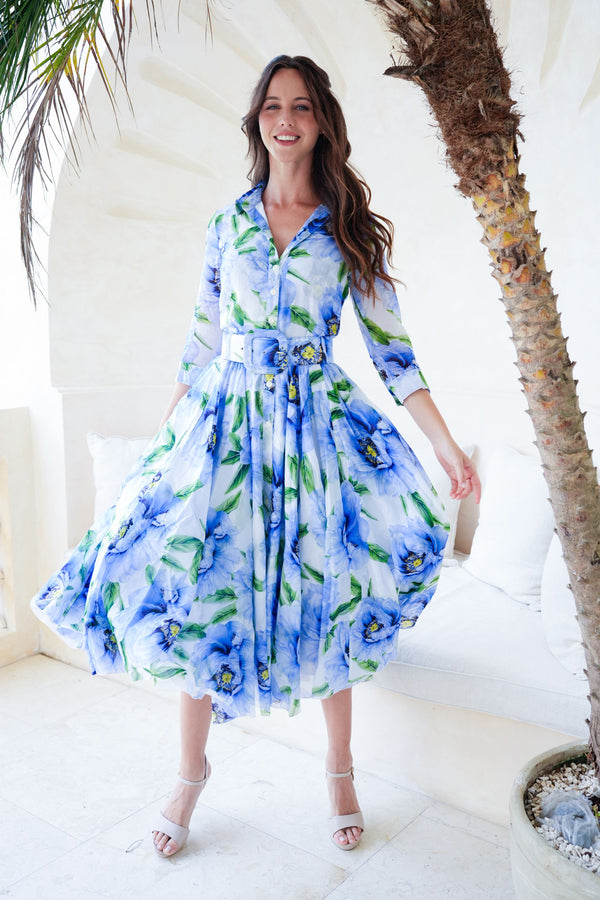 Aster Dress Shirt Collar 3/4 Sleeve Midi Length Cotton Musola (Pastel Magnolia White)