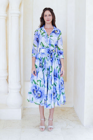 Aster Dress Shirt Collar 3/4 Sleeve Midi Length Cotton Musola (Pastel Magnolia White)