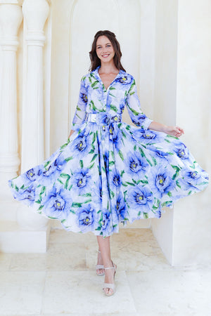 Aster Dress Shirt Collar 3/4 Sleeve Midi Length Cotton Musola (Pastel Magnolia White)