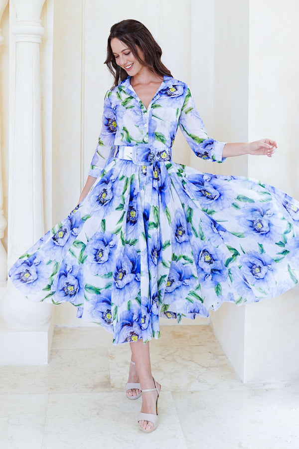 Aster Dress Shirt Collar 3/4 Sleeve Midi Length Cotton Musola (Pastel Magnolia White)