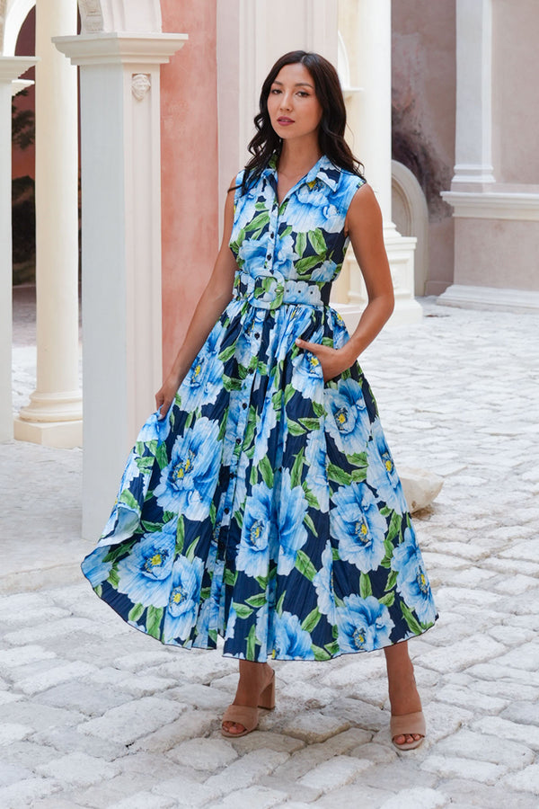 Terry Dress Shirt Collar Sleeveless Midi Plus Length Poliamide Taffta (Pastel Magnolia Ground)