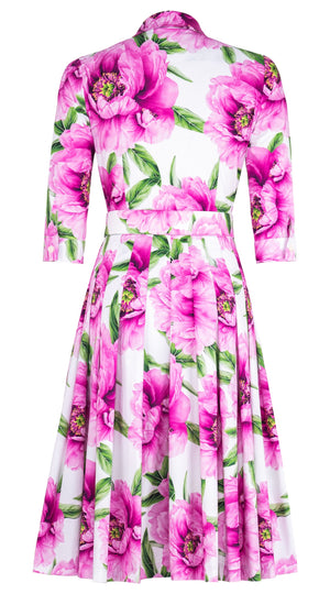 Audrey Dress #2 Shirt Collar 3/4 Sleeve Long Length Cotton Stretch (Pastel Magnolia White)