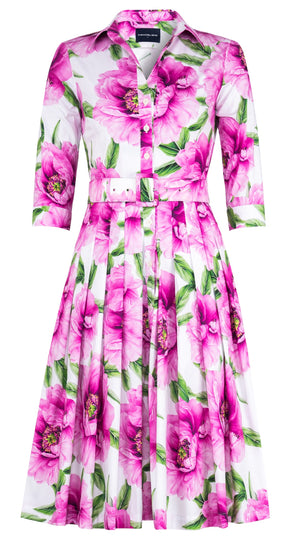 Audrey Dress #2 Shirt Collar 3/4 Sleeve Long Length Cotton Stretch (Pastel Magnolia White)
