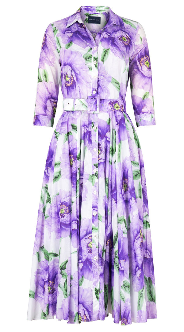 Aster Dress Shirt Collar 3/4 Sleeve Midi Length Cotton Musola (Pastel Magnolia White)
