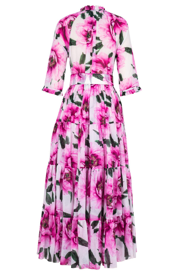 Eva Dress Crew Neck 3/4 Sleeve Maxi Length Cotton Musola (Pastel Magnolia White)