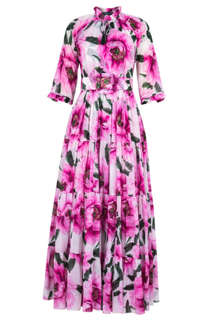 Eva Dress Crew Neck 3/4 Sleeve Maxi Length Cotton Musola (Pastel Magnolia White)