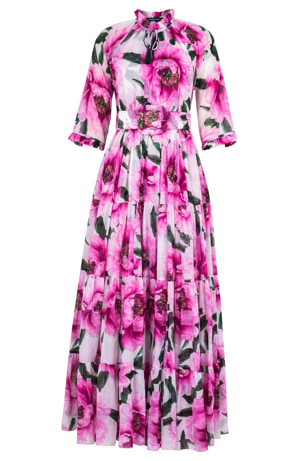 Eva Dress Crew Neck 3/4 Sleeve Maxi Length Cotton Musola (Pastel Magnolia White)