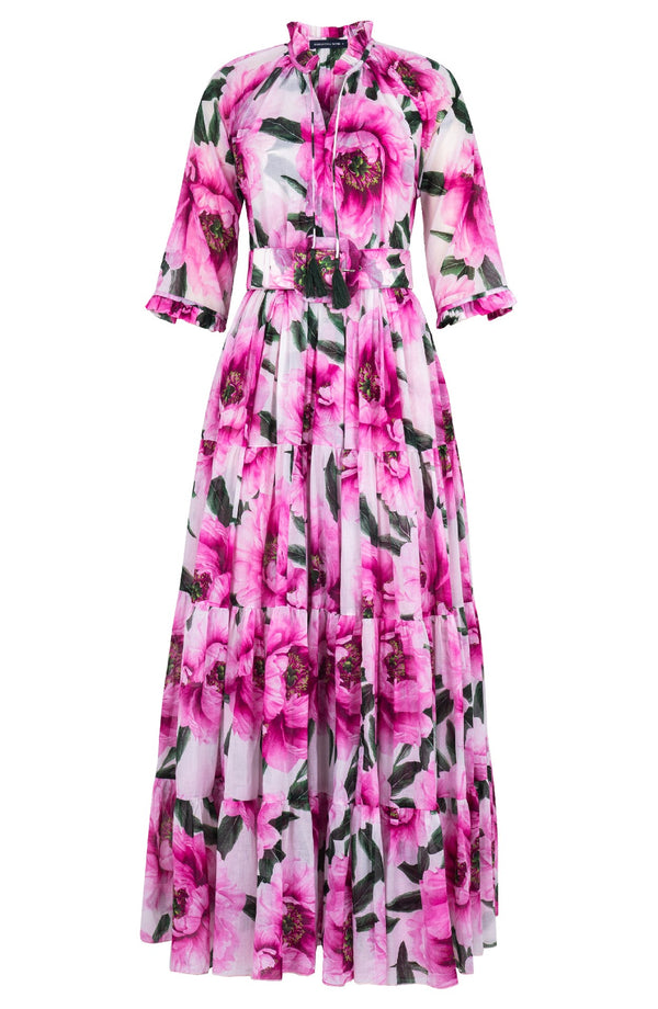 Eva Dress Crew Neck 3/4 Sleeve Maxi Length Cotton Musola (Pastel Magnolia White)