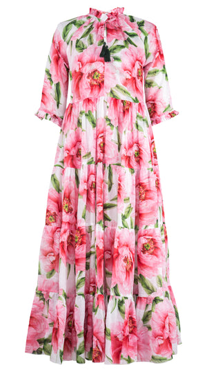 Eva Dress Crew Neck 3/4 Sleeve Maxi Length Ramie (Pastel Magnolia White)