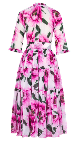 Eva Dress Crew Neck 3/4 Sleeve Midi Length Cotton Musola (Pastel Magnolia White)