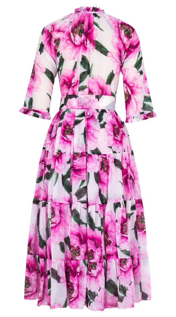 Eva Dress Crew Neck 3/4 Sleeve Midi Length Cotton Musola (Pastel Magnolia White)