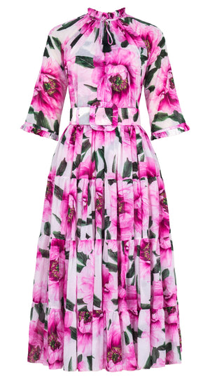 Eva Dress Crew Neck 3/4 Sleeve Midi Length Cotton Musola (Pastel Magnolia White)