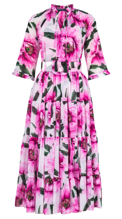 Eva Dress Crew Neck 3/4 Sleeve Midi Length Cotton Musola (Pastel Magnolia White)