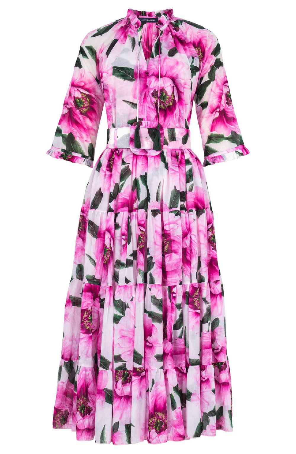 Eva Dress Crew Neck 3/4 Sleeve Midi Length Cotton Musola (Pastel Magnolia White)