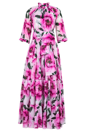 Eva Dress Crew Neck 3/4 Sleeve Maxi Length Cotton Musola (Pastel Magnolia White)