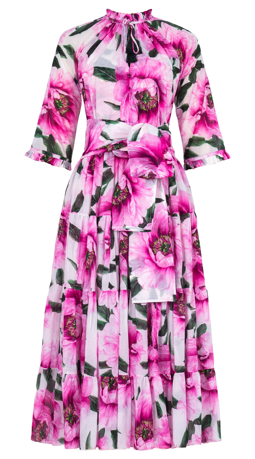 Eva Dress Crew Neck 3/4 Sleeve Midi Length Cotton Musola (Pastel Magnolia White)