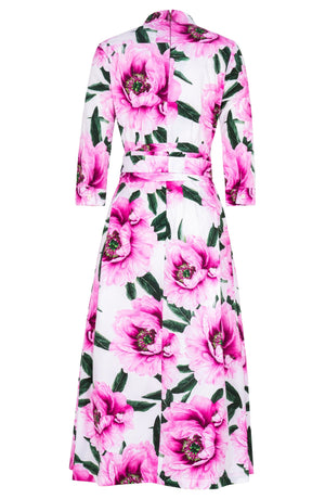 Lana Dress Shirt Collar 3/4 Sleeve Midi Plus Length Cotton Stretch (Pastel Magnolia White)