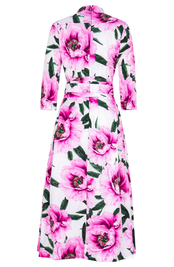 Lana Dress Shirt Collar 3/4 Sleeve Midi Plus Length Cotton Stretch (Pastel Magnolia White)