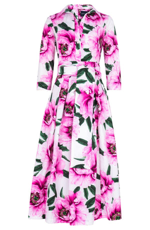 Lana Dress Shirt Collar 3/4 Sleeve Midi Plus Length Cotton Stretch (Pastel Magnolia White)