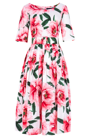Florance Dress Boat Neck 1/2 Sleeve Midi Length Cotton Stretch (Pastel Magnolia White)