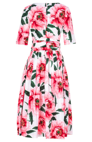 Florance Dress Boat Neck 1/2 Sleeve Midi Length Cotton Stretch (Pastel Magnolia White)