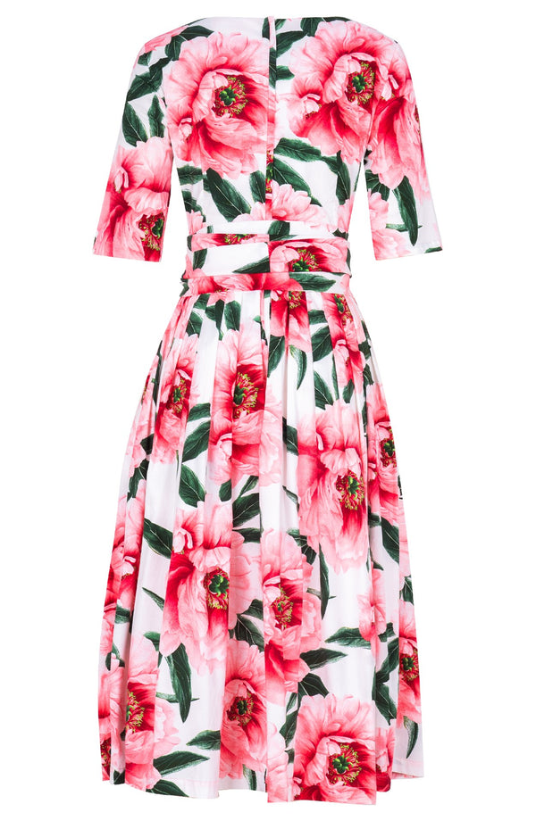 Florance Dress Boat Neck 1/2 Sleeve Midi Length Cotton Stretch (Pastel Magnolia White)