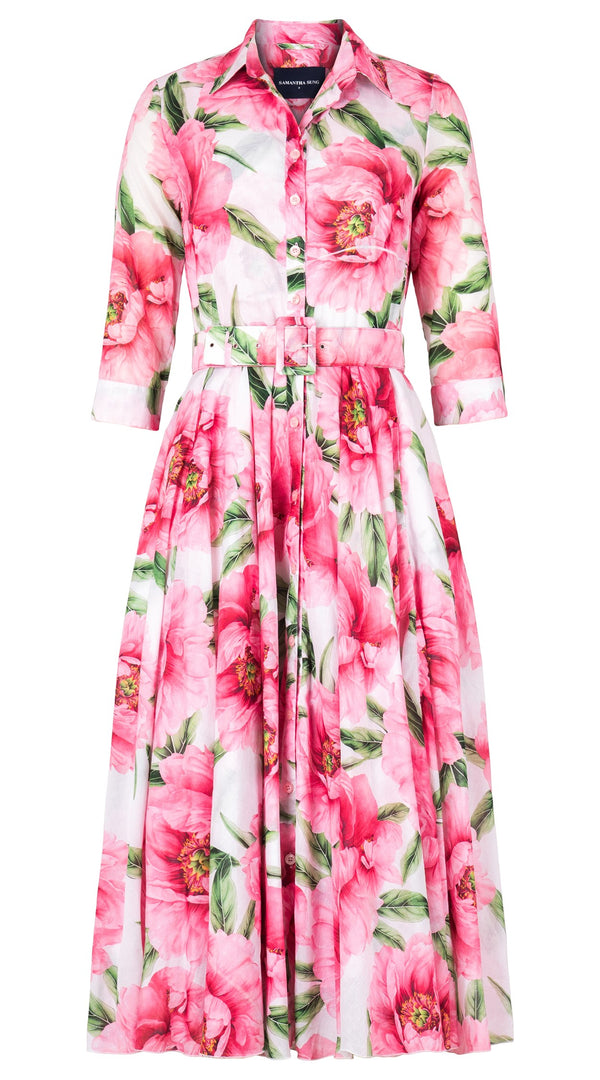 Aster Dress Shirt Collar 3/4 Sleeve Midi Length Cotton Musola (Pastel Magnolia White)